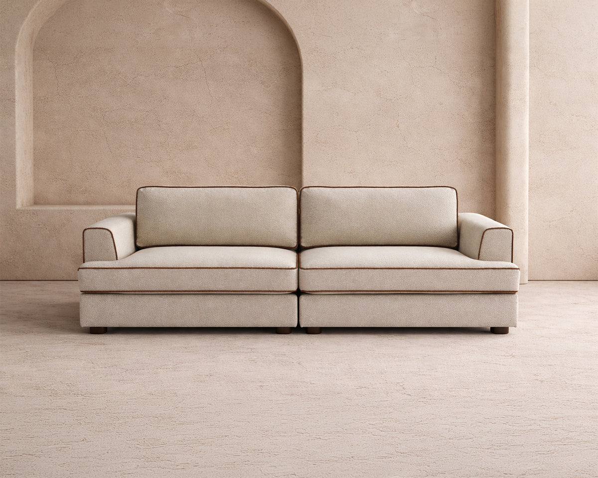 Cameron Sofa - Capella Sand with Capella Fennel Seed Piping | Dark Brown Solid Wood