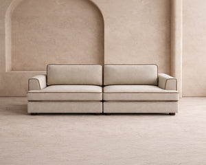 Cameron Sofa - Capella Sand with Capella Fennel Seed Piping | Dark Brown Solid Wood