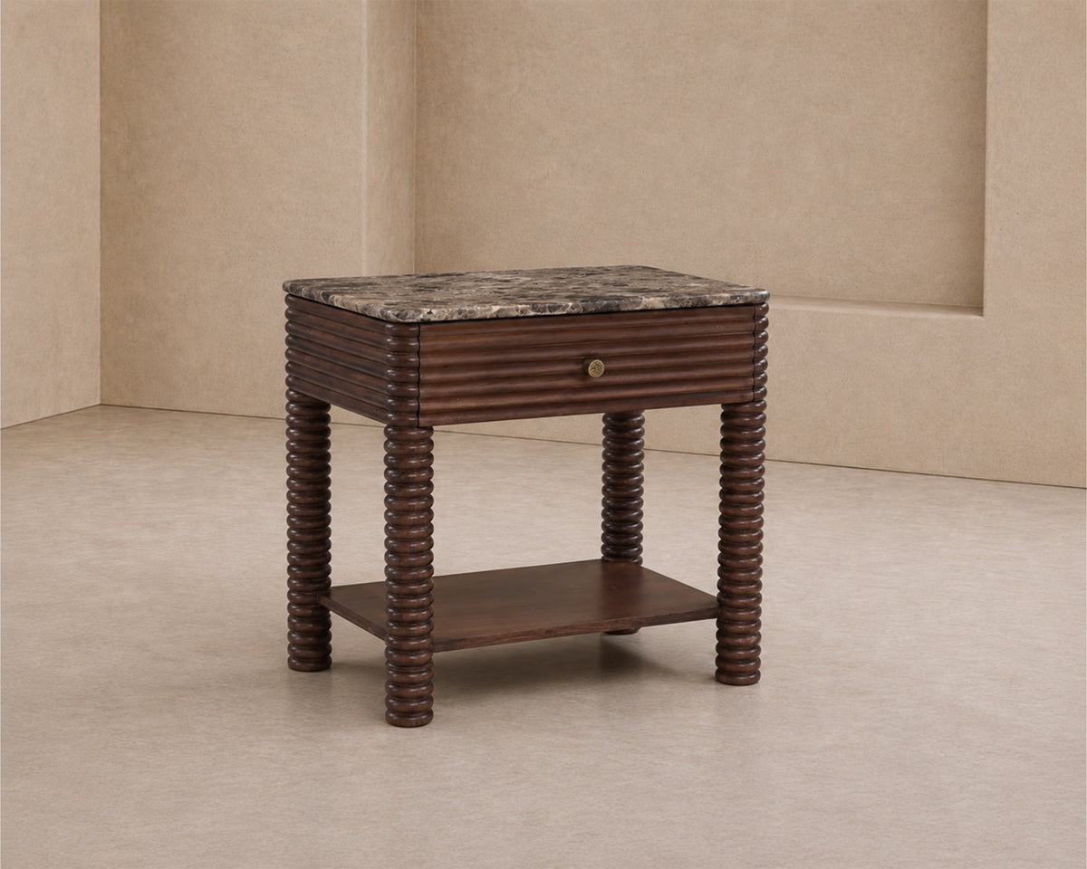 Allure Bedside Table - Dark Brown Emperador Marble & Brushed Mid-brown Textured Acacia Wood