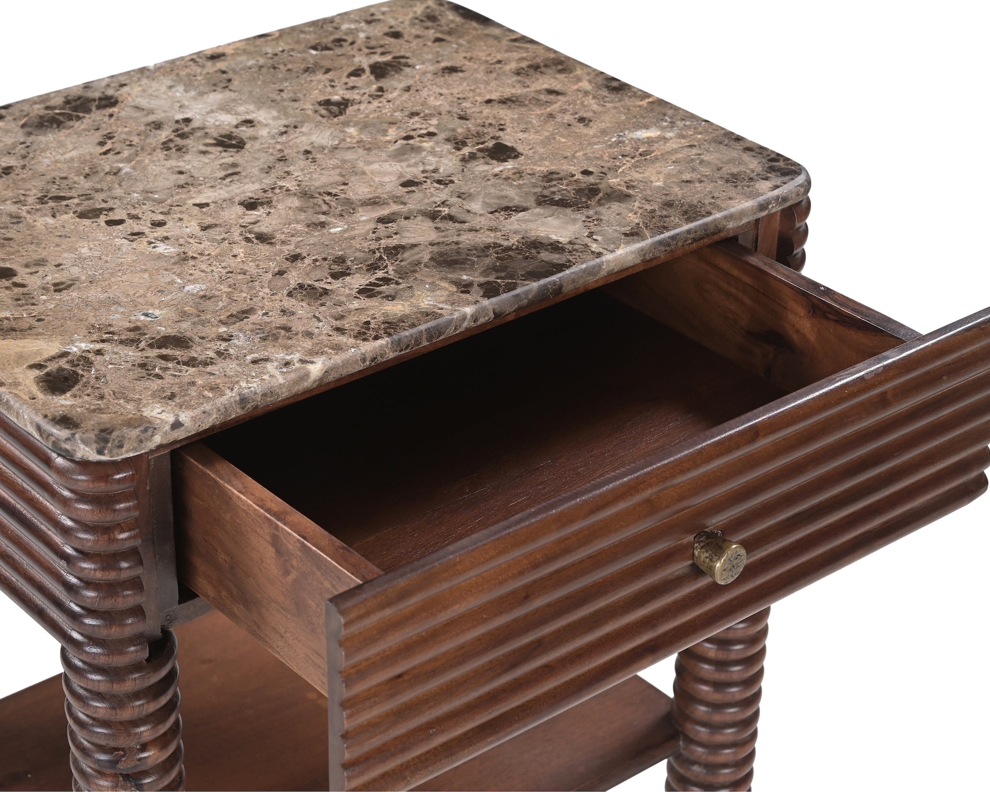 Allure Bedside Table - Dark Brown Emperador Marble & Brushed Mid-brown Textured Acacia Wood