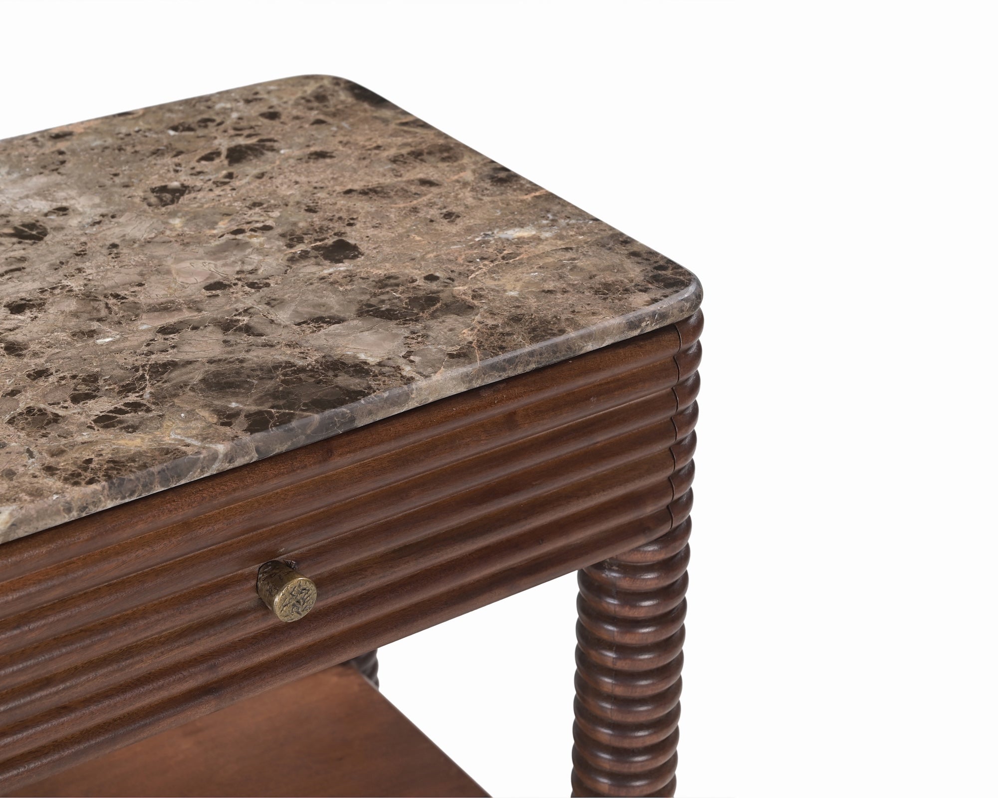Allure Bedside Table - Dark Brown Emperador Marble & Brushed Mid-brown Textured Acacia Wood