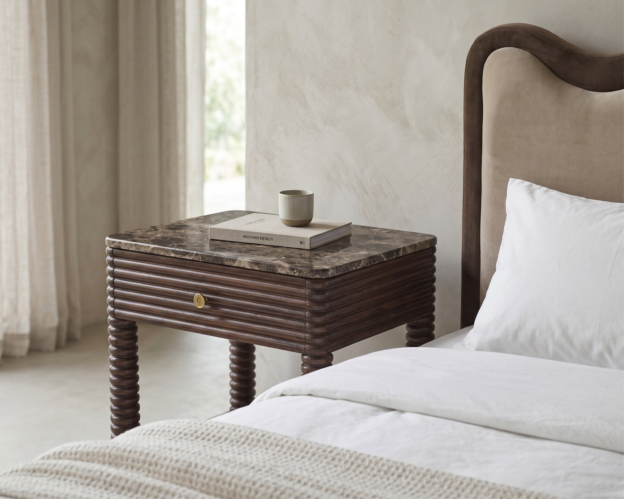 Allure Bedside Table - Dark Brown Emperador Marble & Brushed Mid-brown Textured Acacia Wood