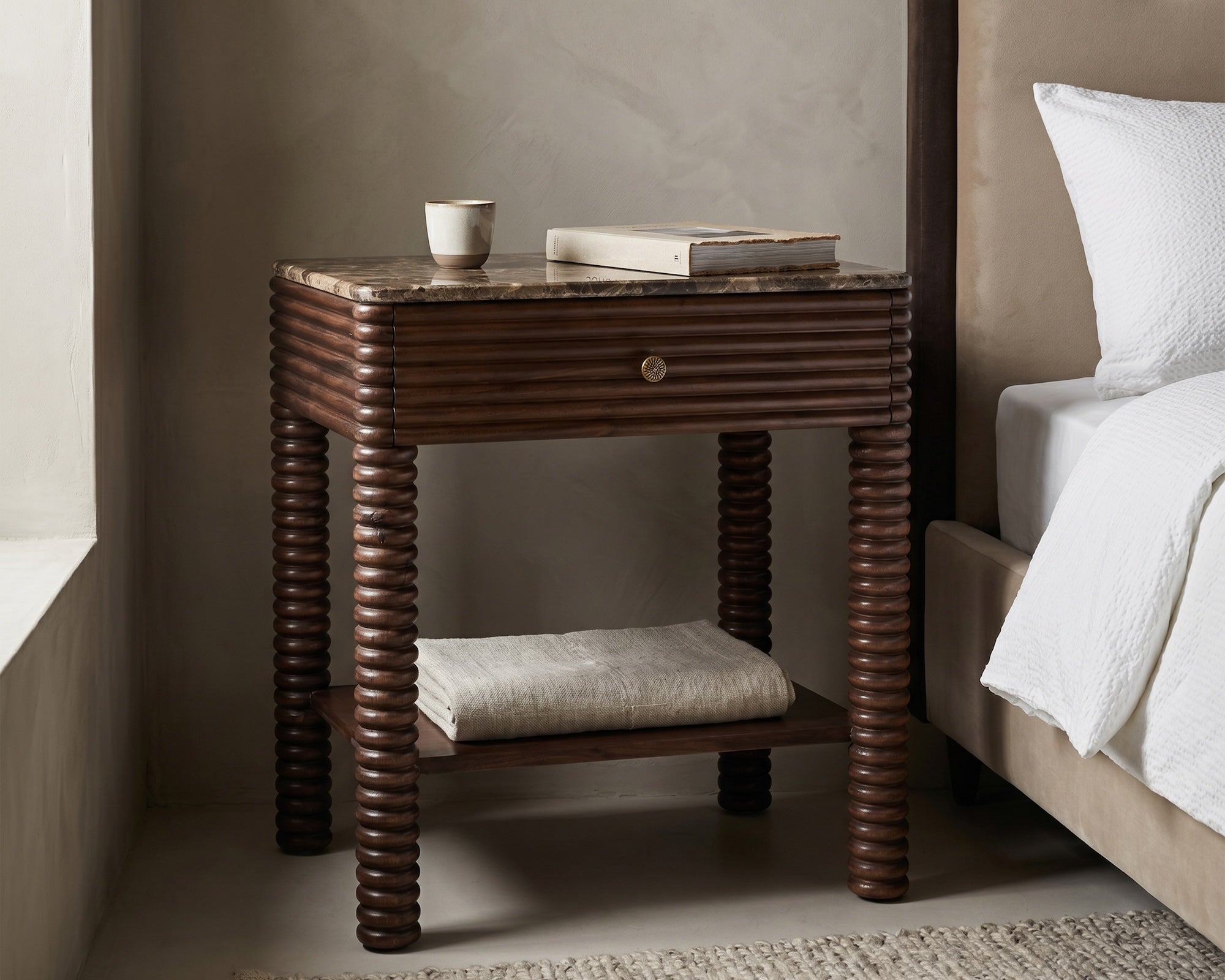 Allure Bedside Table - Dark Brown Emperador Marble & Brushed Mid-brown Textured Acacia Wood