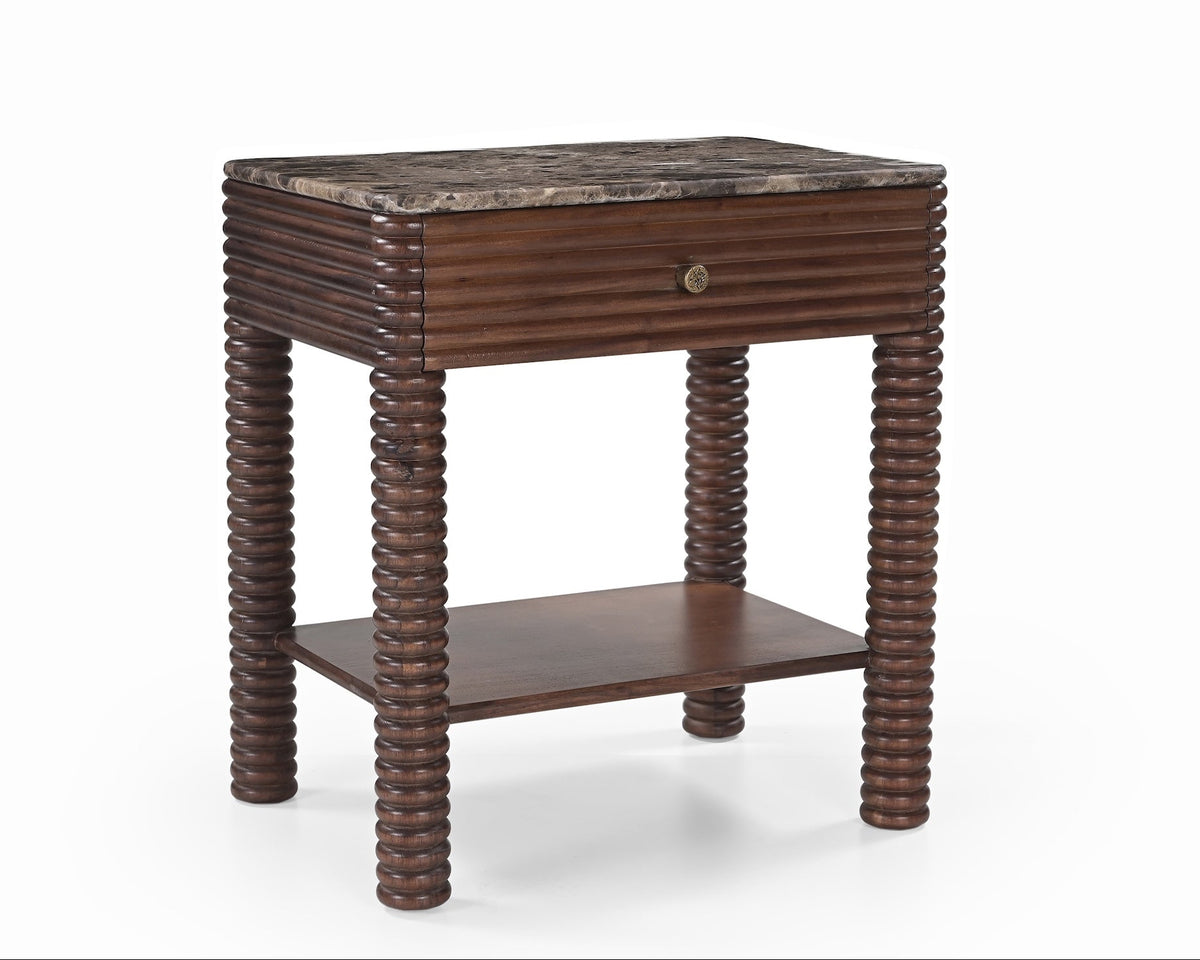 Allure Bedside Table - Dark Brown Emperador Marble & Brushed Mid Brown Textured Acacia Wood