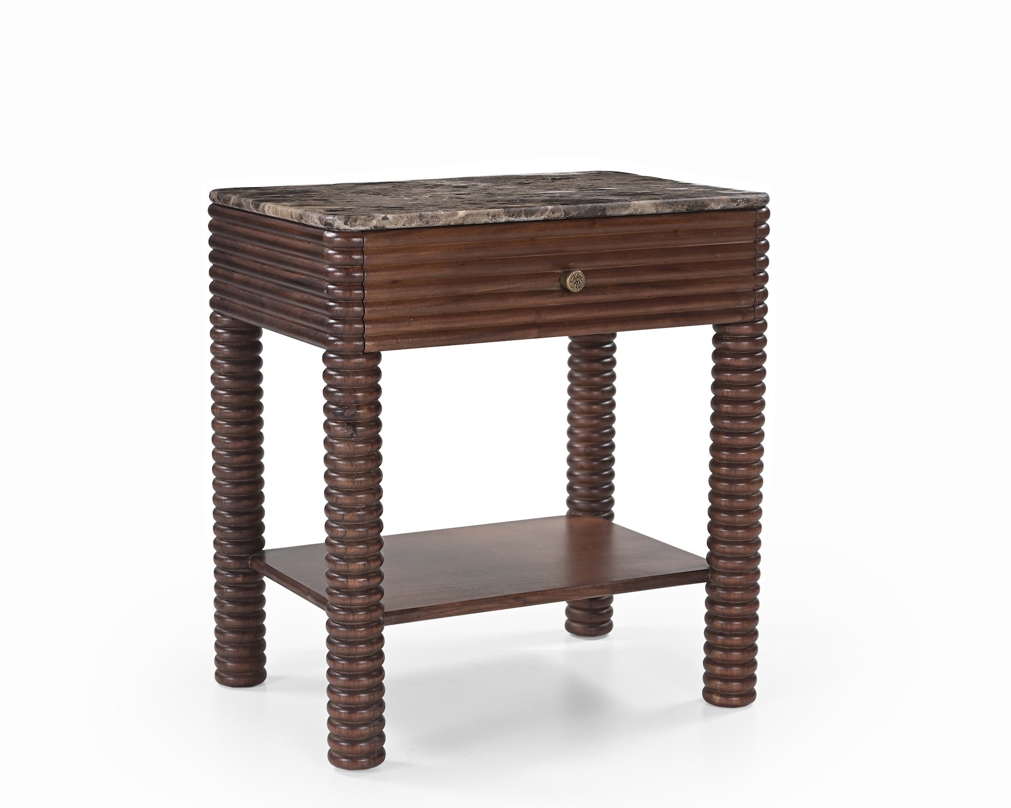Allure Bedside Table - Dark Brown Emperador Marble & Brushed Mid-brown Textured Acacia Wood