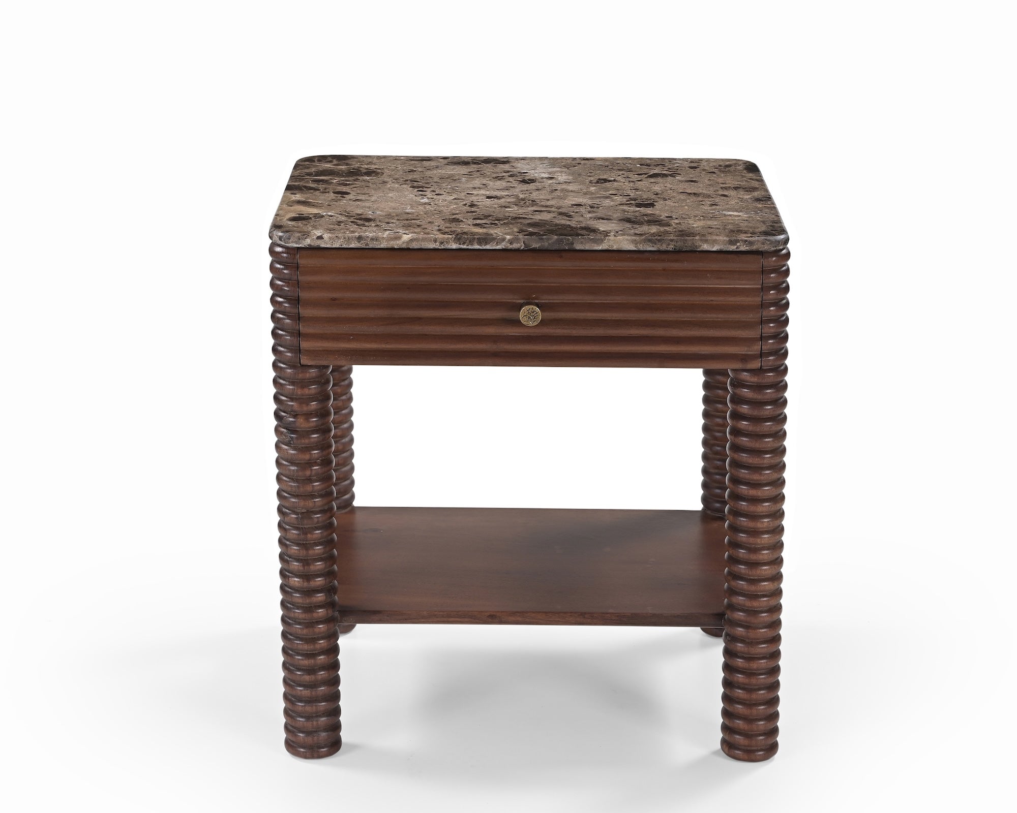 Allure Bedside Table - Dark Brown Emperador Marble & Brushed Mid-brown Textured Acacia Wood