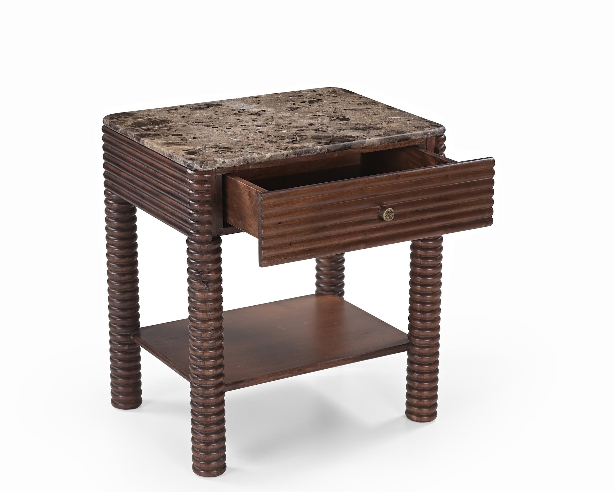 Allure Bedside Table - Dark Brown Emperador Marble & Brushed Mid-brown Textured Acacia Wood