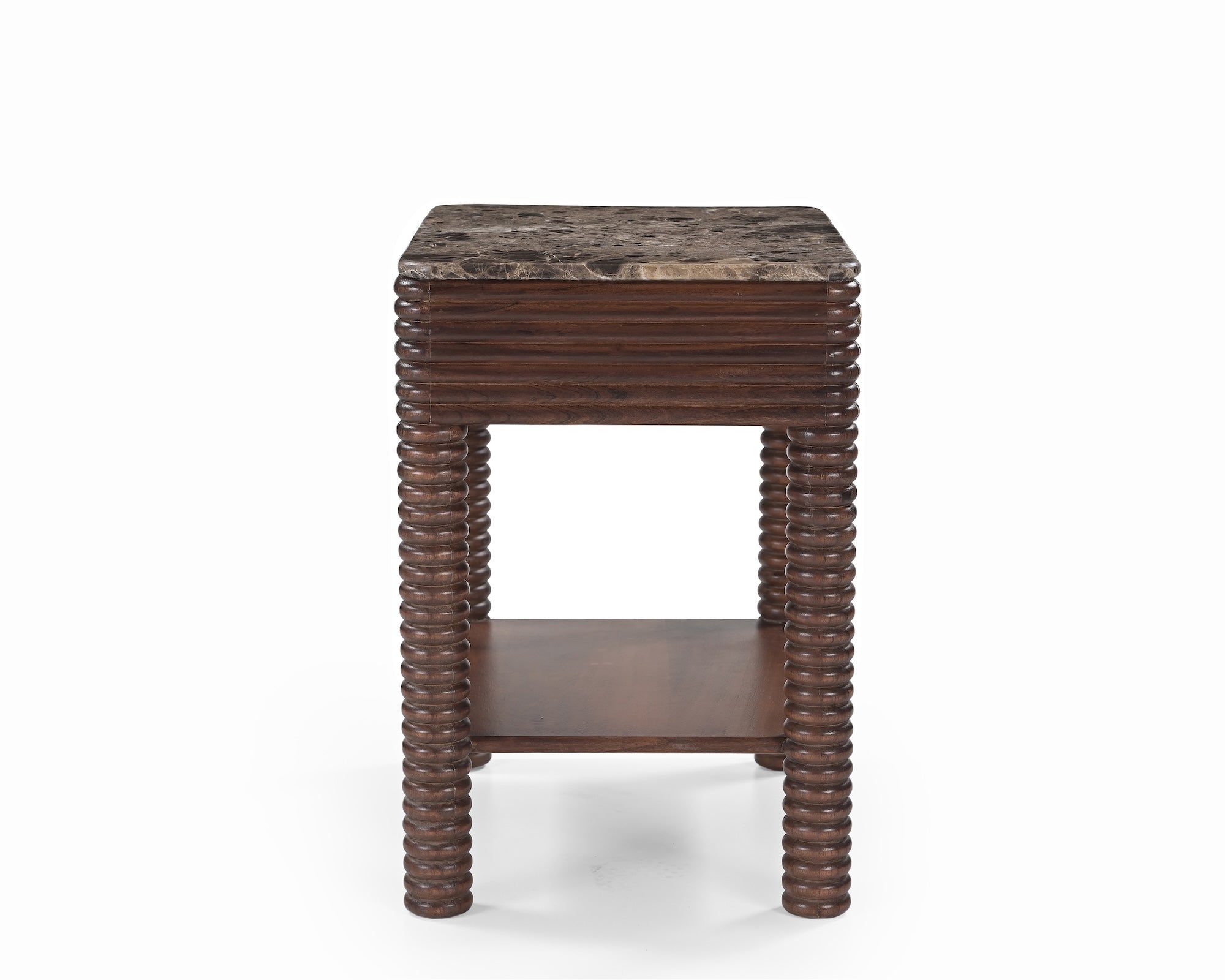 Allure Bedside Table - Dark Brown Emperador Marble & Brushed Mid-brown Textured Acacia Wood