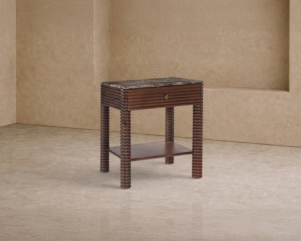 Allure Bedside Table - Dark Brown Emperador Marble & Brushed Mid Brown Textured Acacia Wood