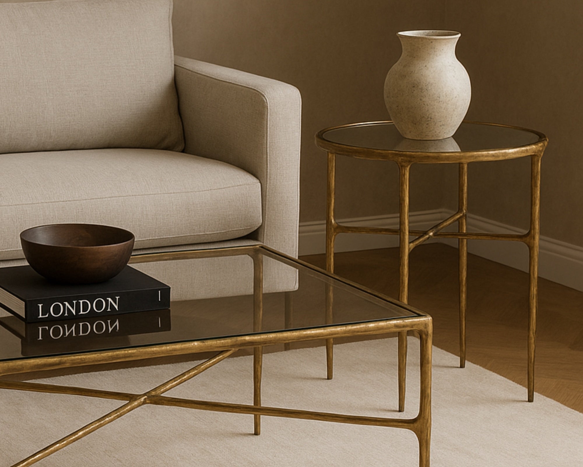 Cobra Side Table - Textured Antique Brass and Glass