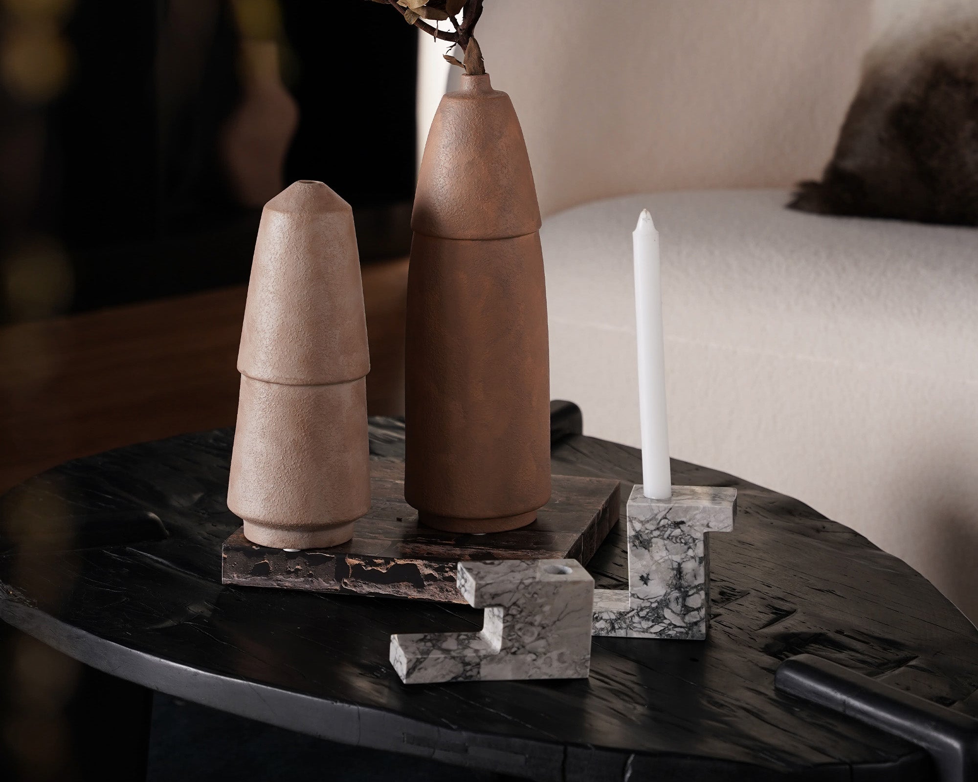 Arco Candle Holders Set - Natural Grey And White Marble