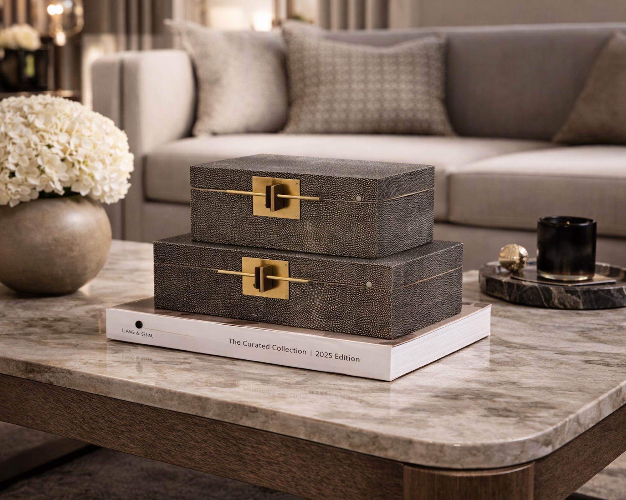 Aurello Boxes (set of 2) - Dark Grey Leather