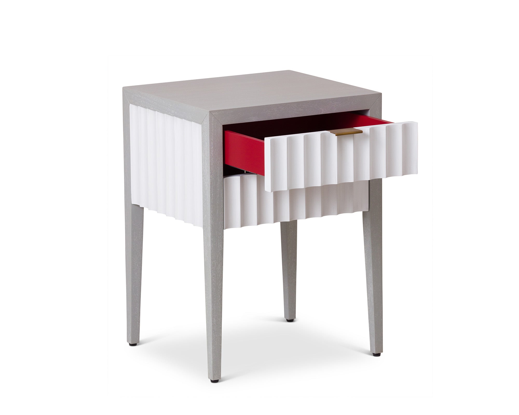 Malibu Bedside Table 2 Drawer  -  Grey Satin Veneer Hairline White & Red Lining