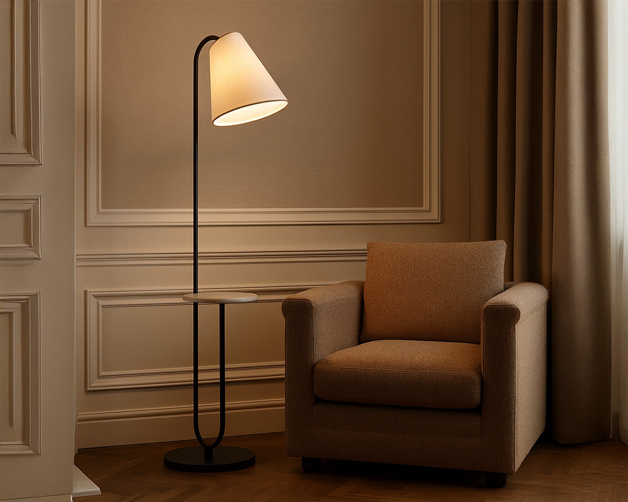 Edgar Floor Light - Carrara Marble, Black Metal and White Linen