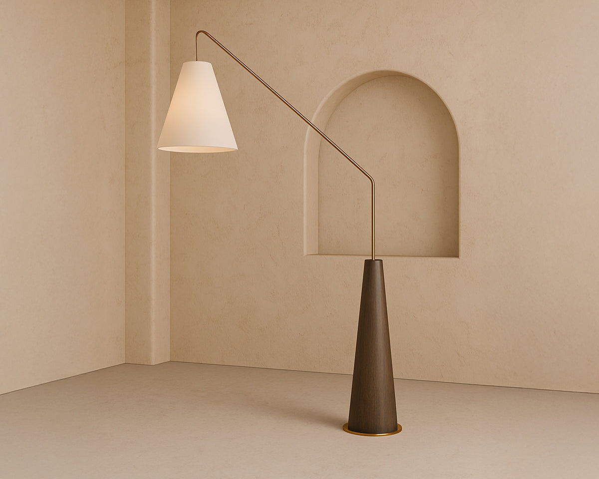 Brandon Floor Lamp - Brushed Dark Brown Oak/Antique Brass/White Linen Shade