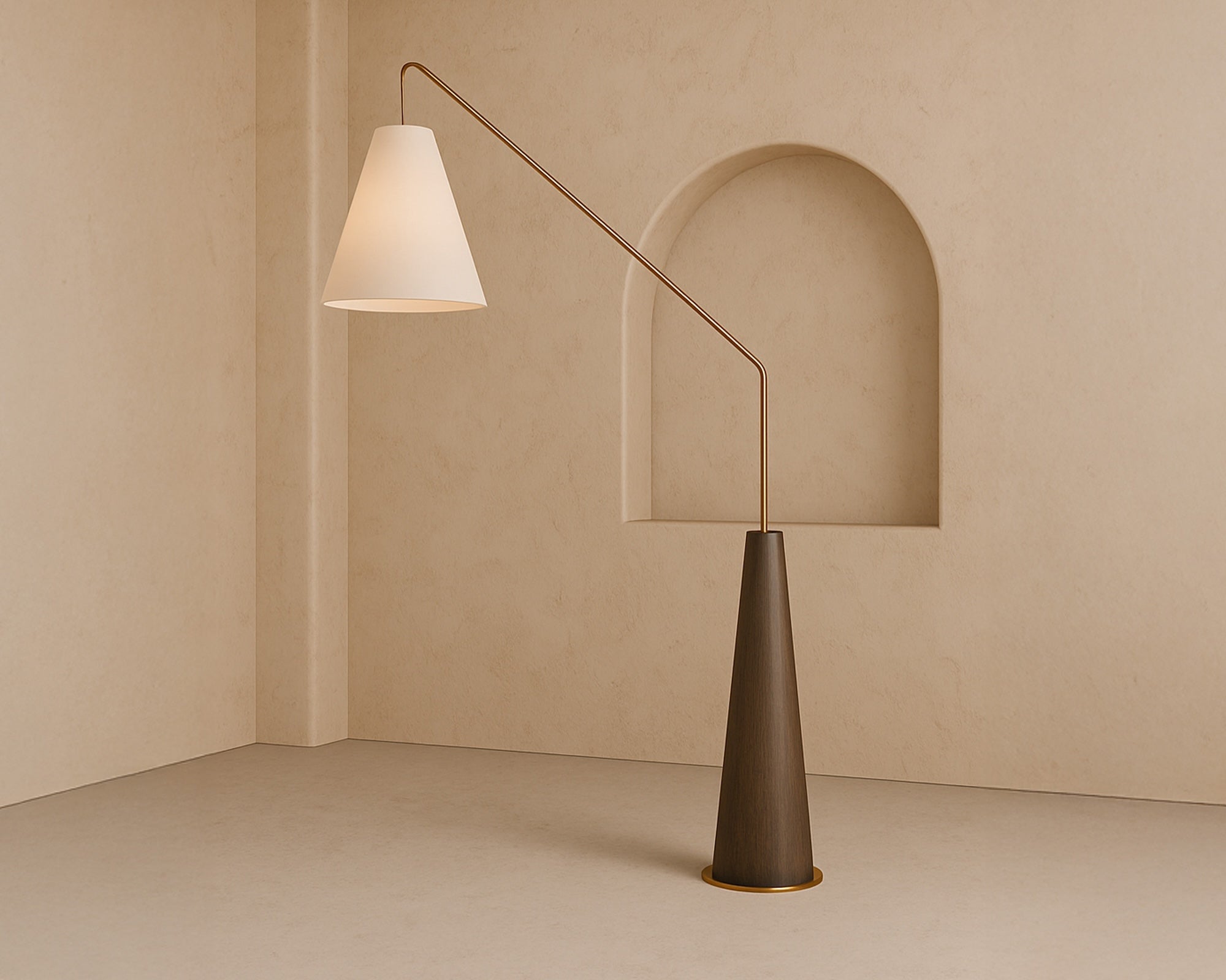 Brandon Floor Lamp - Brushed Dark Brown Oak/Antique Brass/White Linen Shade