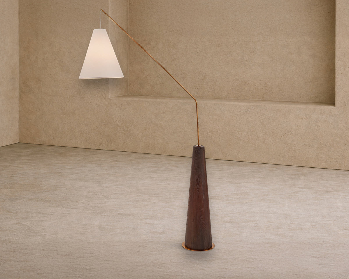Brandon Floor Lamp - Brushed Dark Brown Oak/Antique Brass/White Linen Shade