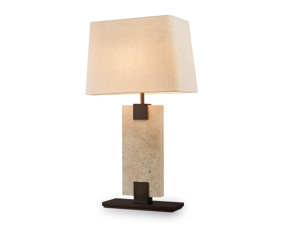 Madison Table Lamp - Travertine, Off White Linen and Antique Bronze