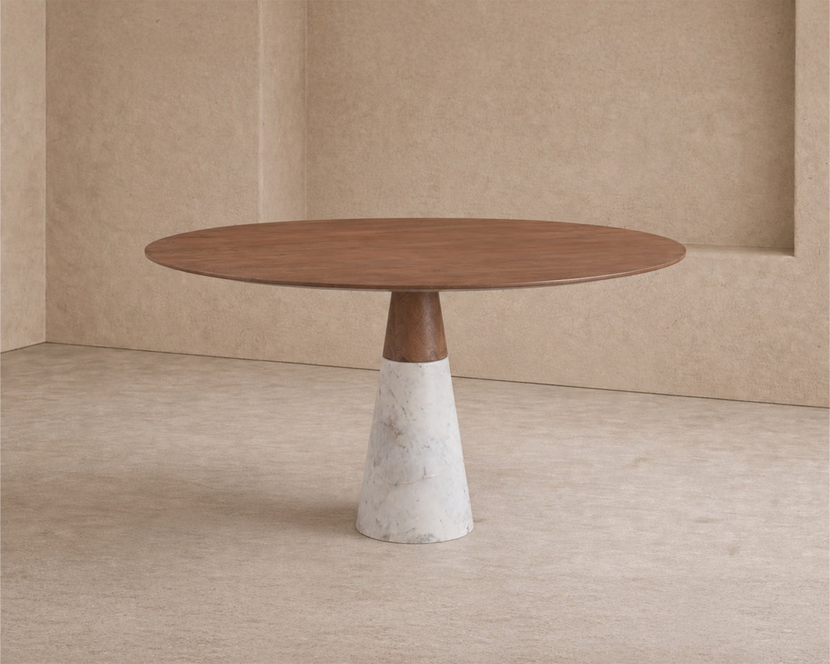 Annie Dining Table - Brushed Mid-brown Wood & Natural White Marble