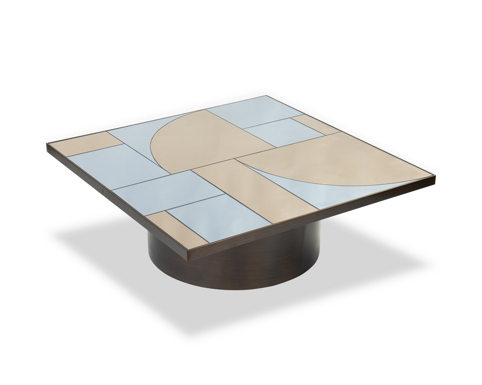 Cubist Coffee Table - Antique Bronze Bronze Mirror & Grey