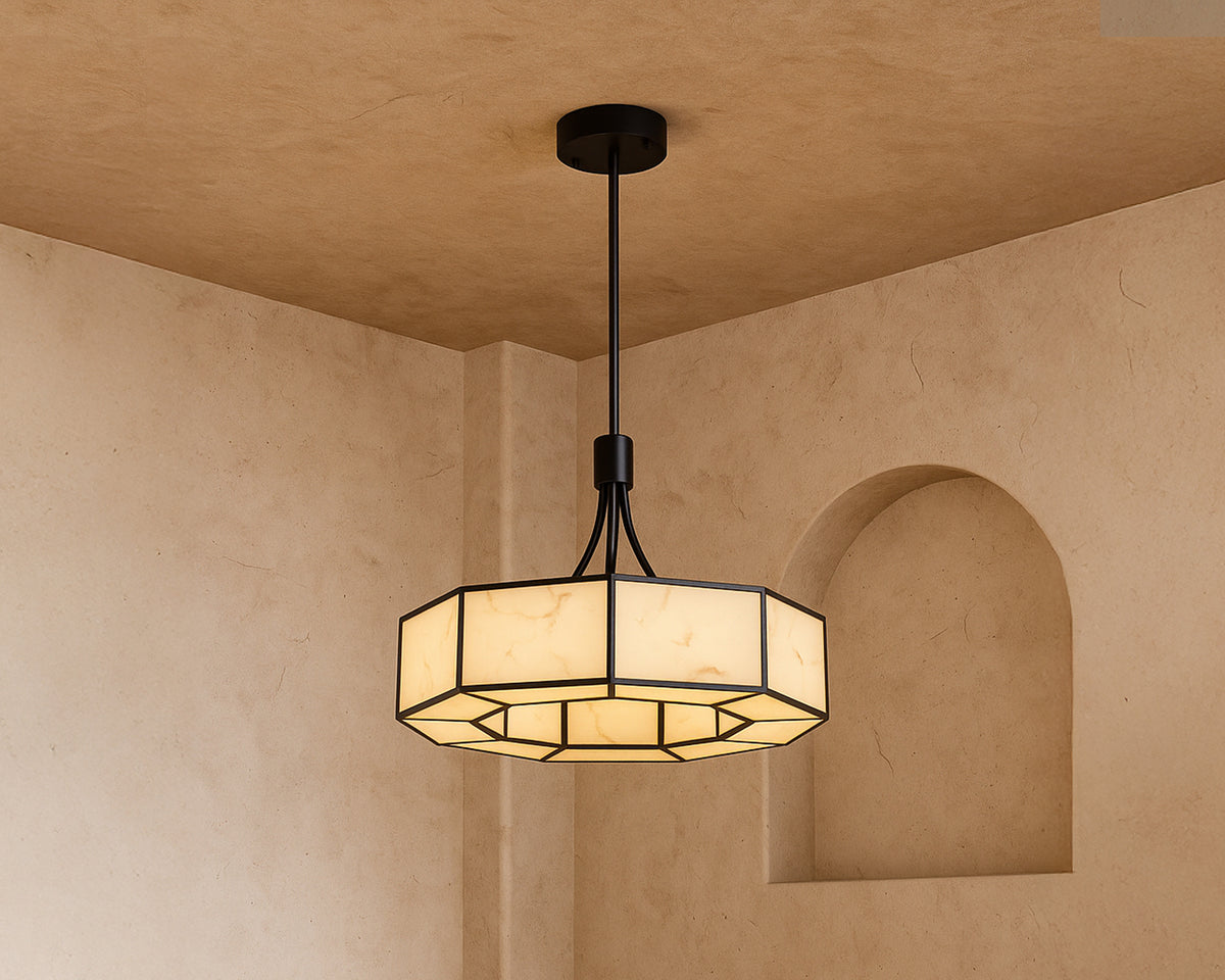 Allen Pendant Lamp - Alabaster Effect and Black Metal